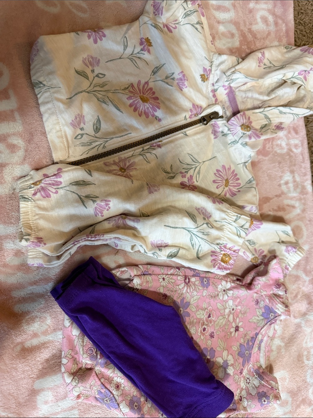 Floral Baby Hooded Jacket & Floral Onesie Set with Purple Pants
